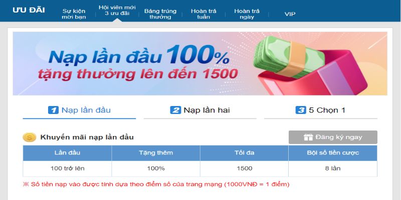 Tặng ngay 100% dành cho khách hàng ở lần nạp tiền đầu tiên